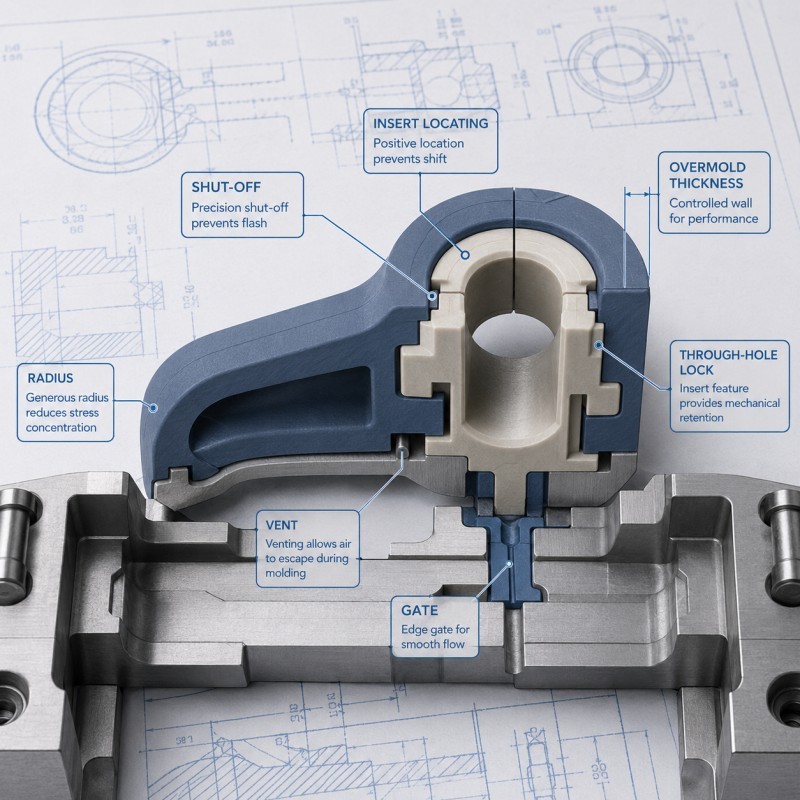 LSR overmolding plastic DFM bonding and retention structure