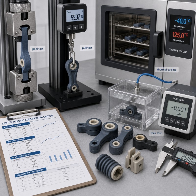 LSR to plastic adhesion peel pull thermal cycling and leak testing