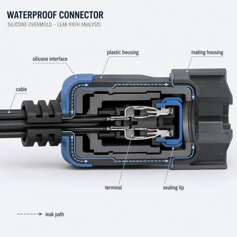Waterproof silicone overmolded connector leak path analysis