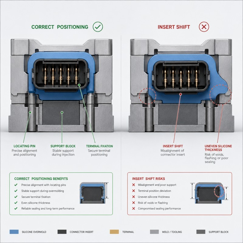Connector insert positioning for LSR overmolding