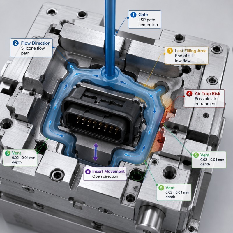 LSR connector overmolding gate and venting design