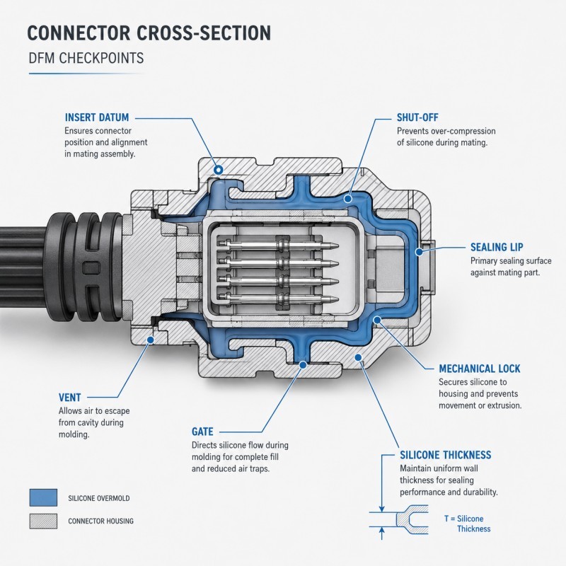 Silicone overmolded connector DFM checklist