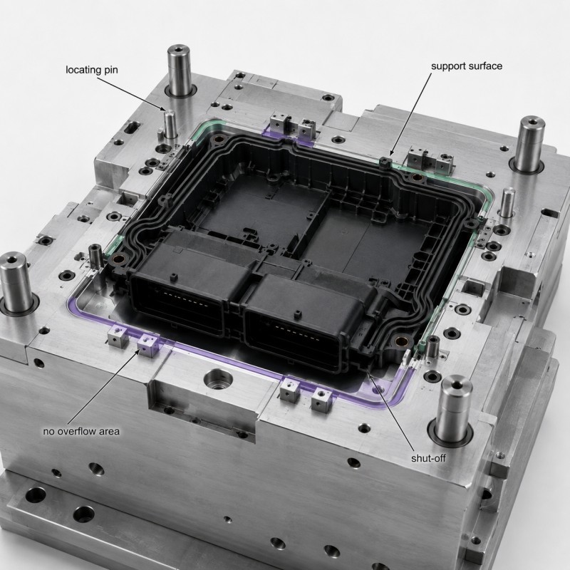ECU housing insert positioning and mold shut-off design