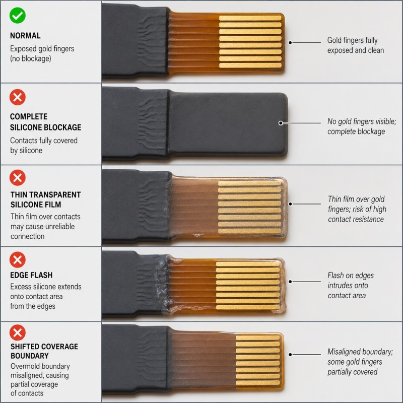 FPC contact pad silicone blockage and flash defects