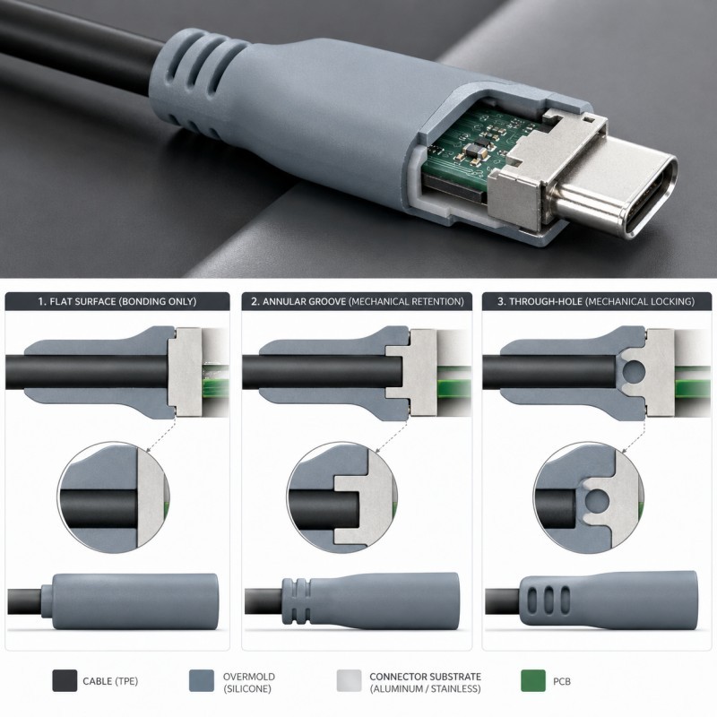 Cable overmolding mechanical retention design