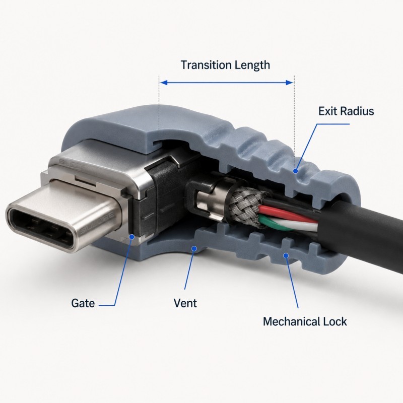 Silicone cable strain relief DFM structure