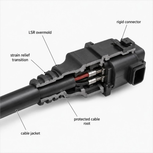 Custom LSR Overmolded Cable Strain Relief for Automotive Wire Harness