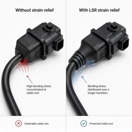 Custom LSR Overmolded Cable Strain Relief for Automotive Wire Harness