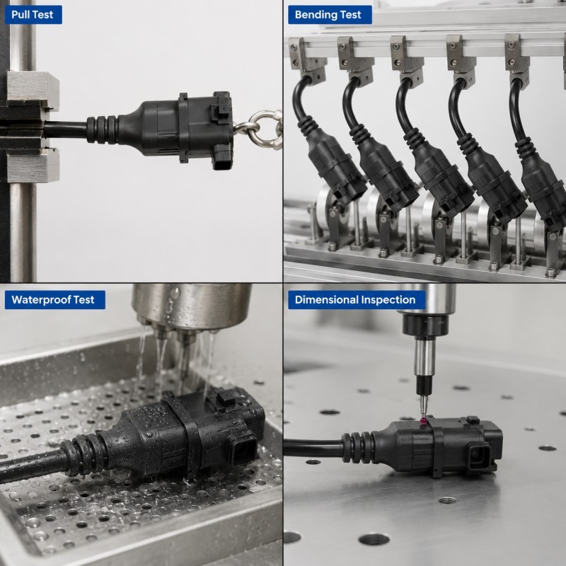 Automotive cable strain relief pull and waterproof testing