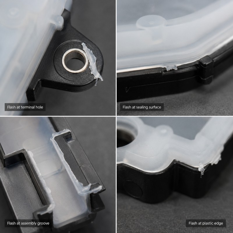 LSR overmolding flash defect examples around plastic inserts