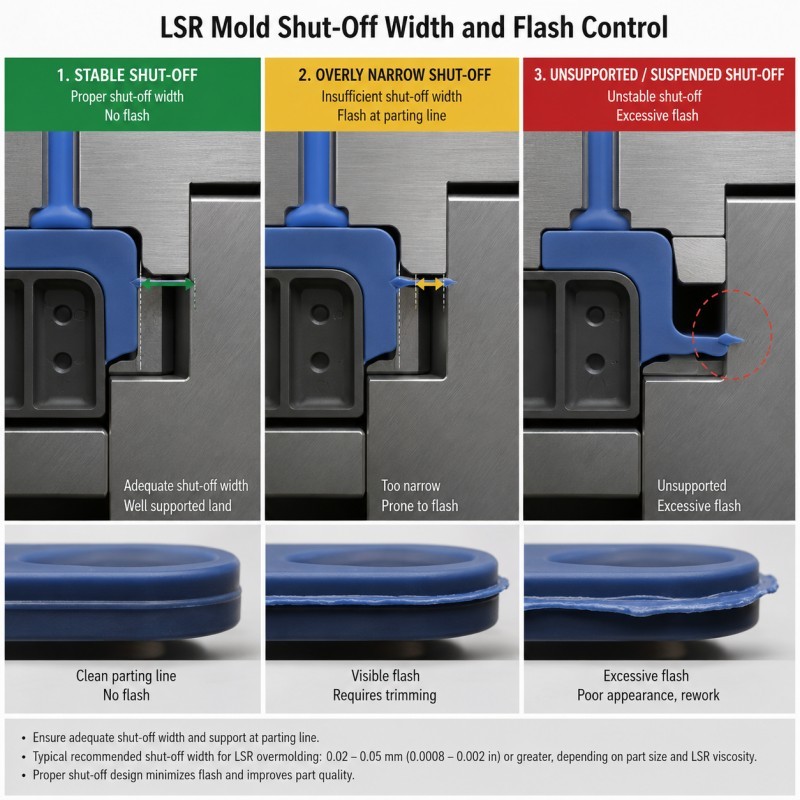 LSR mold shut off width and flash control