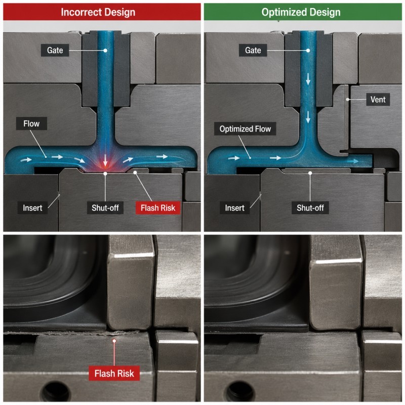 LSR gate vent and mold shut off flash risk