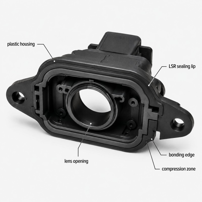 Automotive camera module silicone overmolding seal structure