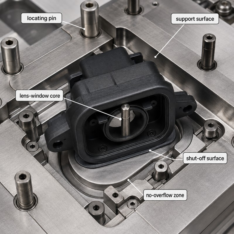 Automotive camera housing insert positioning and mold shut-off