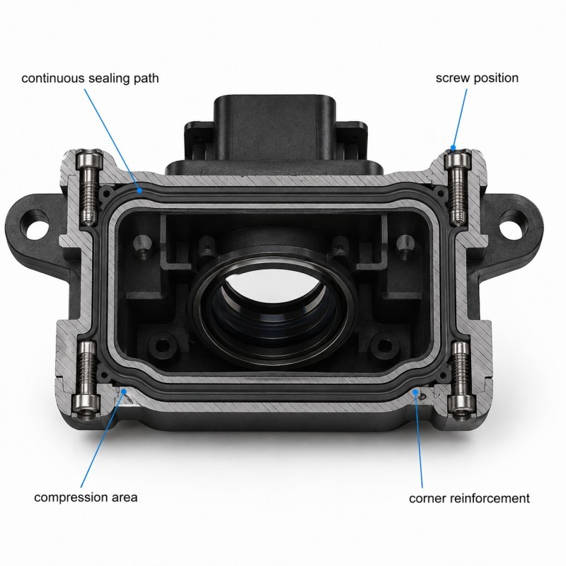 Automotive camera housing silicone seal compression path