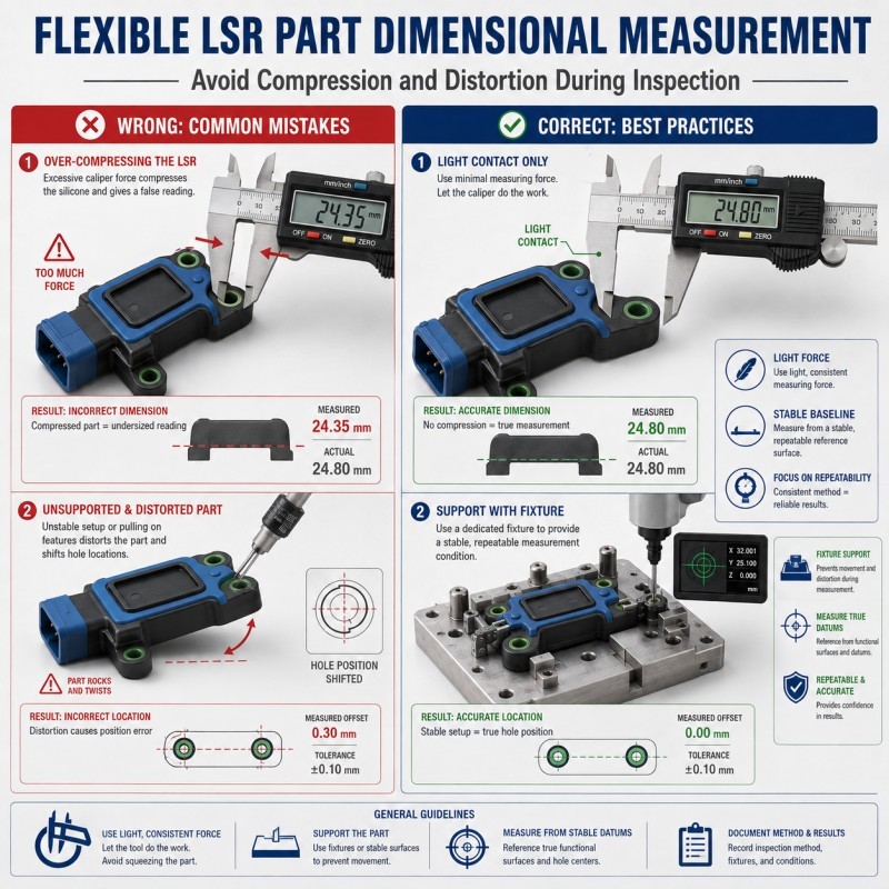 Flexible LSR overmolded part dimensional measurement