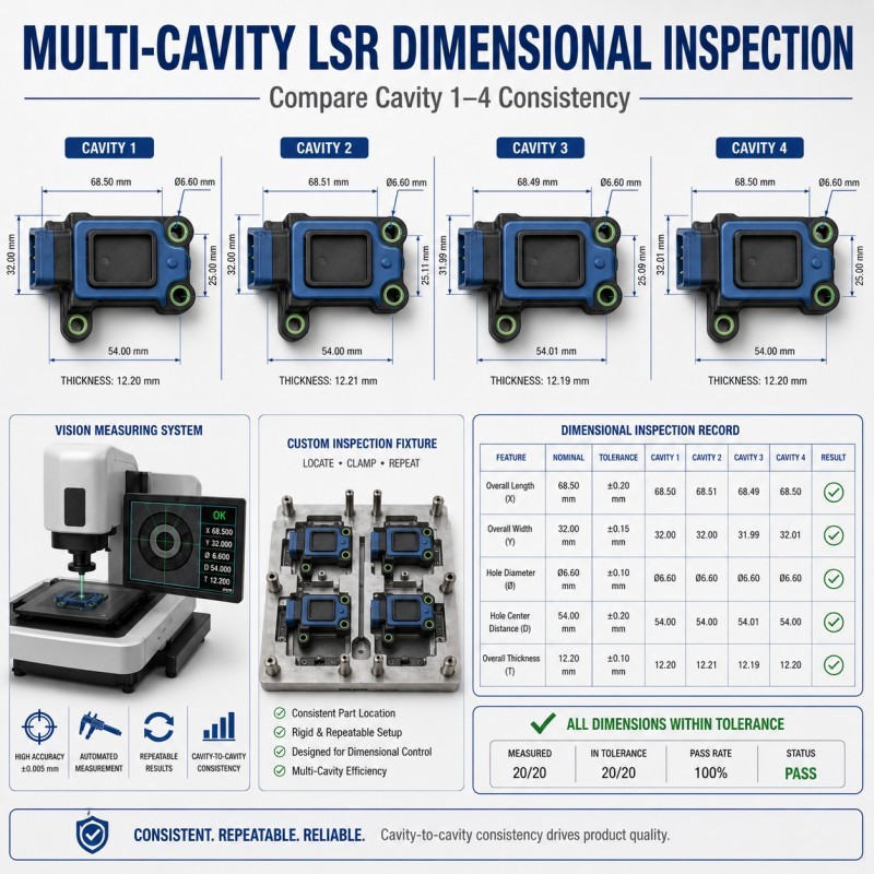 Multi cavity LSR overmolded part dimensional inspection
