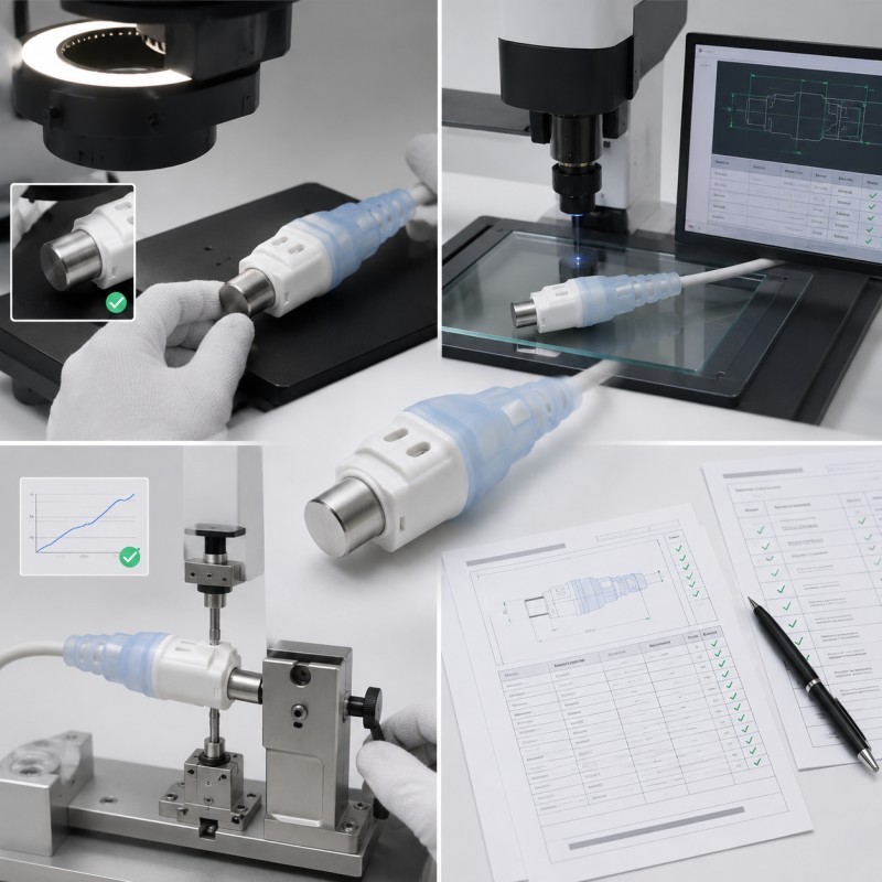 Medical sensor probe overmolding dimensional and functional inspection