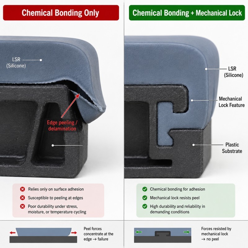 Chemical bonding versus mechanical retention in LSR overmolding