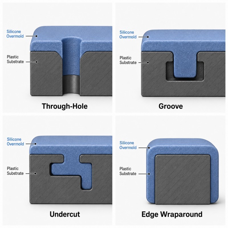 LSR overmolding mechanical lock geometry comparison