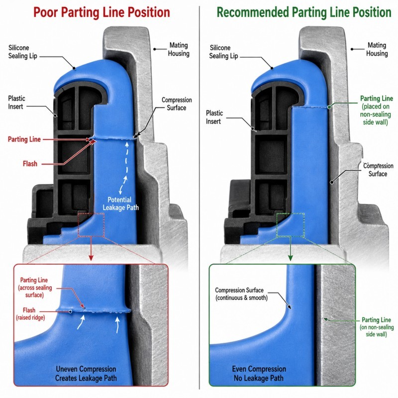 Good and bad parting line positions on LSR overmolded seals