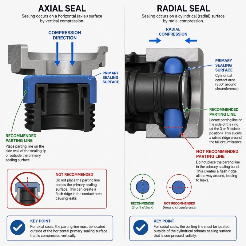 Axial and radial LSR seal parting line placement