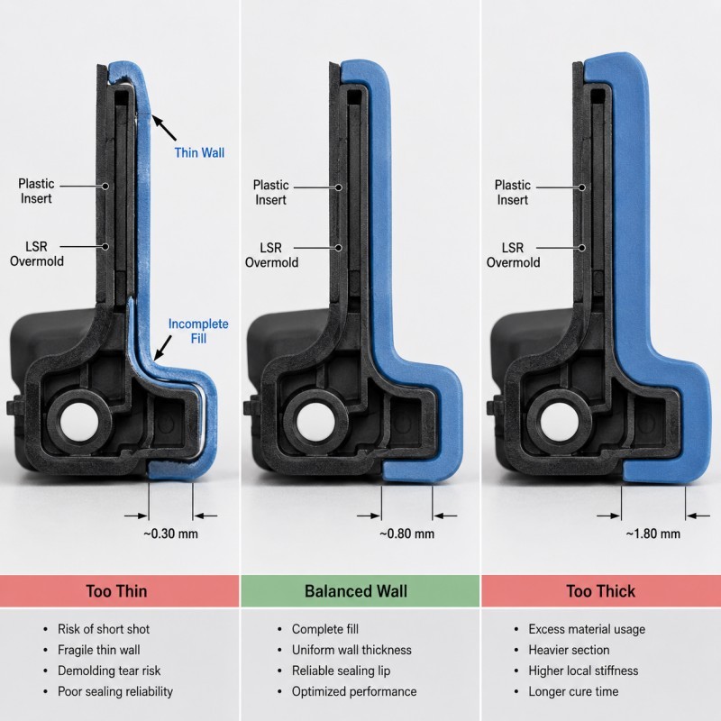 LSR overmolding thin balanced and thick wall comparison