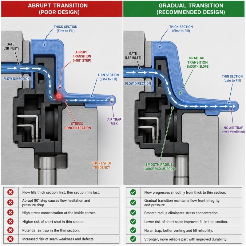 LSR wall thickness transition good versus bad design