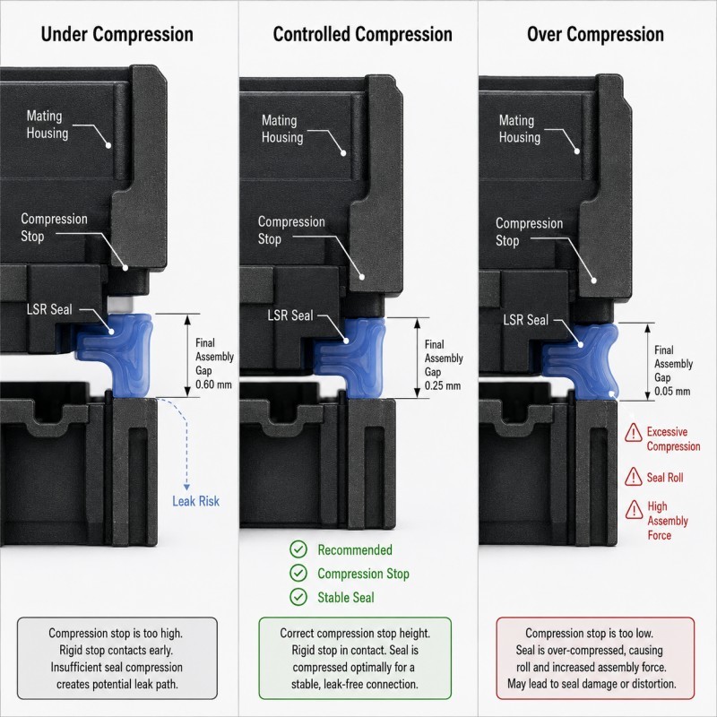 LSR seal compression stop under correct and over compression comparison