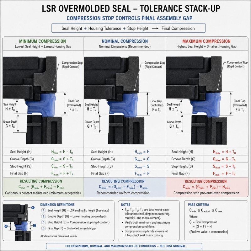 LSR seal compression stop tolerance stack up