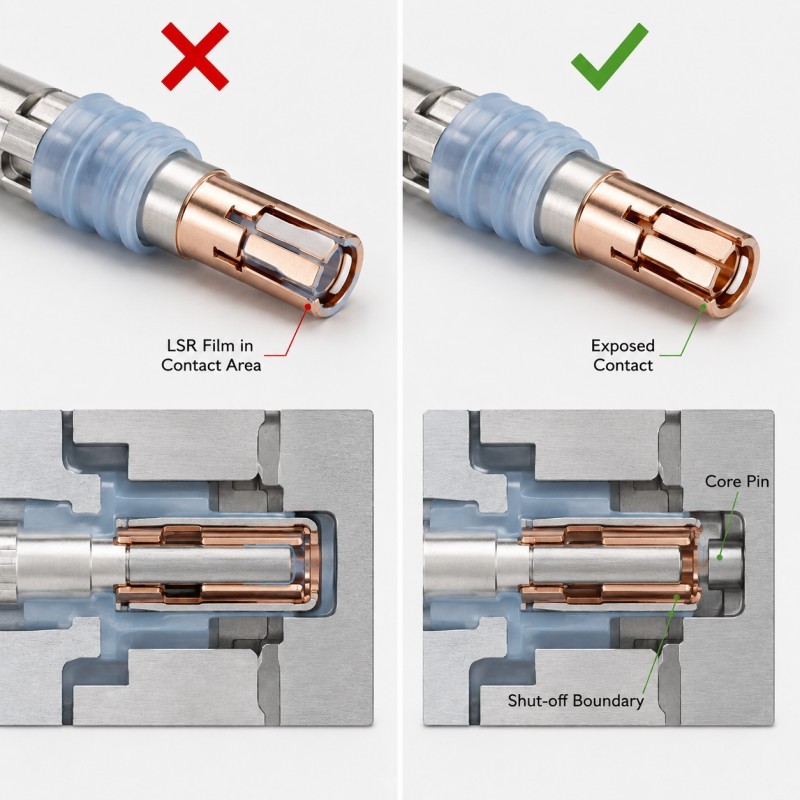 EV charging contact exposed area and mold shut-off design