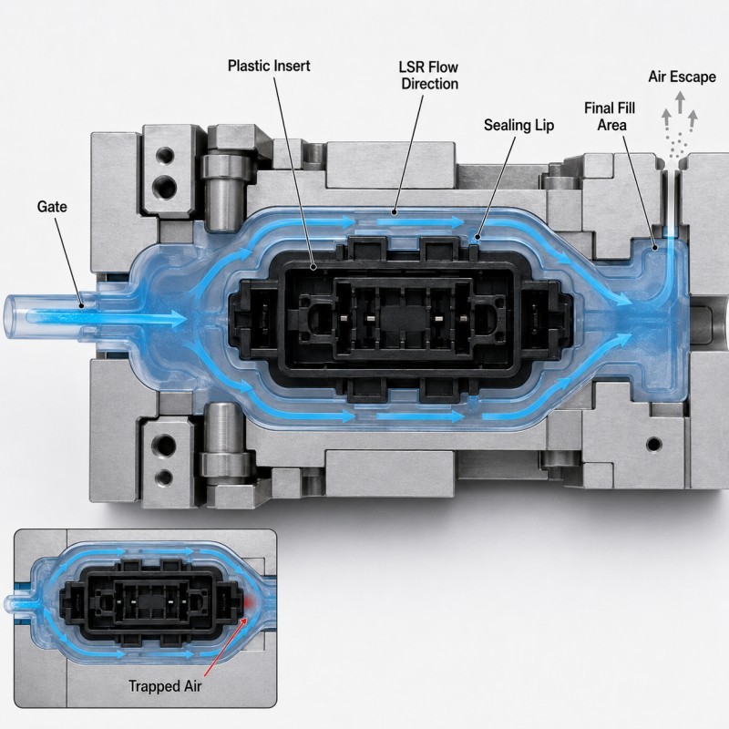LSR gate vent and flow path around an insert