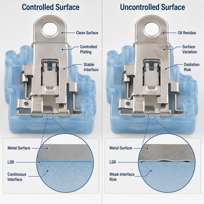 Clean versus contaminated metal insert before LSR overmolding