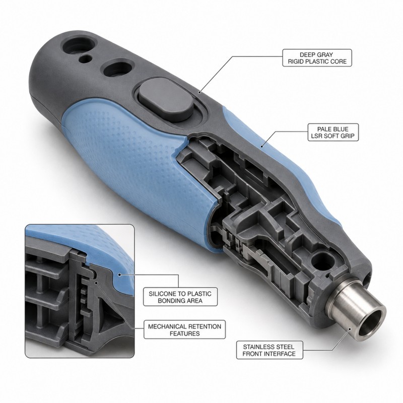 Surgical instrument handle LSR overmolding structure