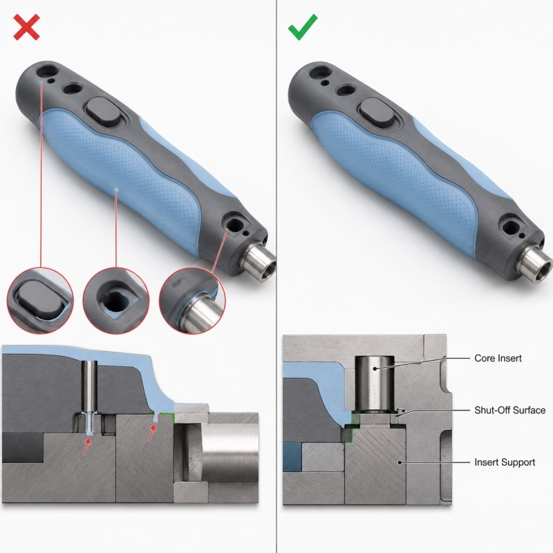 Surgical handle functional area and mold shut-off design