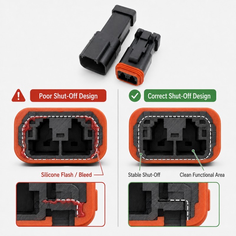 Good and bad mold shut off design for LSR no-silicone zones