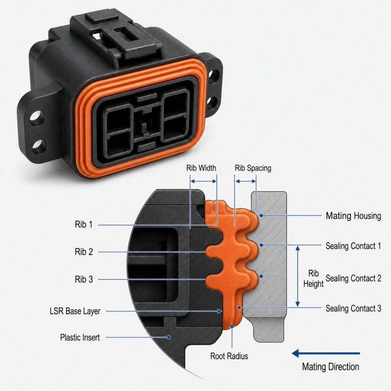 Multi-rib silicone seal geometry on an LSR overmolded automotive connector