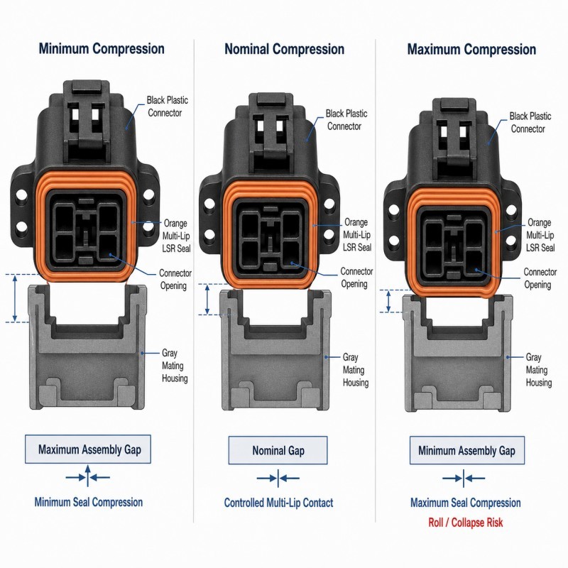 Multi-lip automotive connector seal compression tolerance comparison