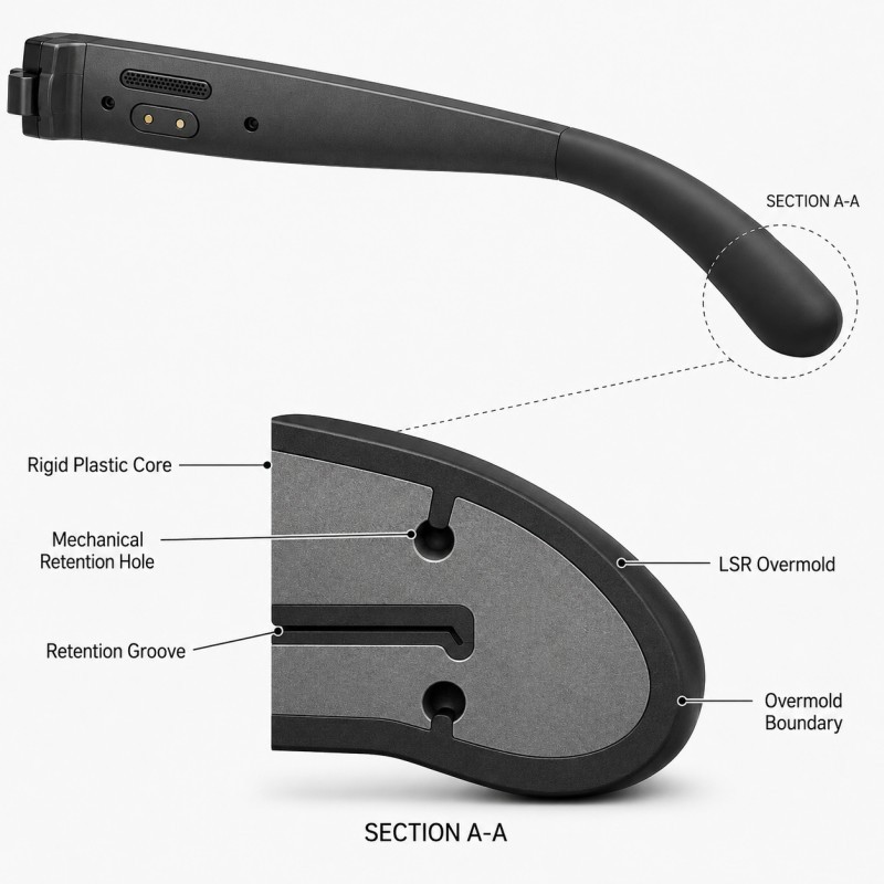 LSR overmolding mechanical retention for smart glasses
