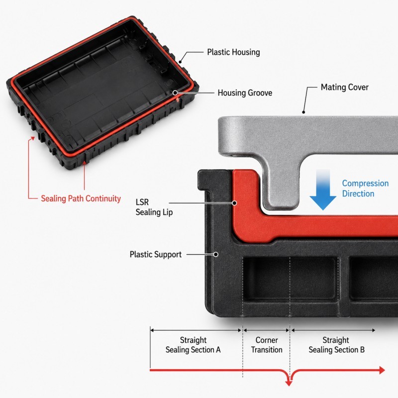 Electronic housing LSR overmolded gasket corner sealing structure