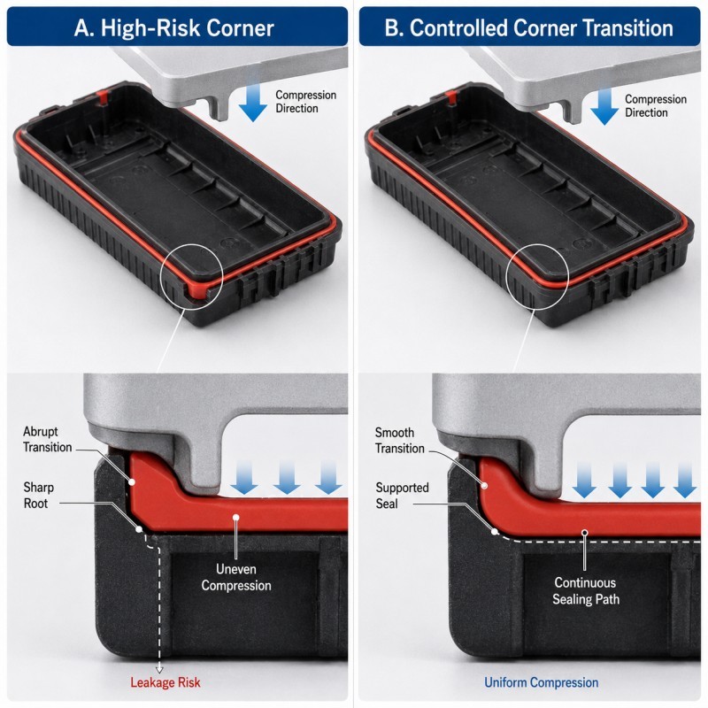 LSR housing gasket corner transition good versus high risk design
