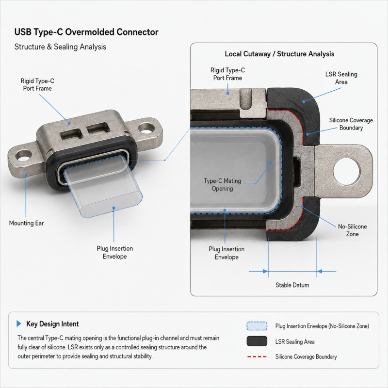 USB Type-C port LSR sealing boundary and exposed mating opening
