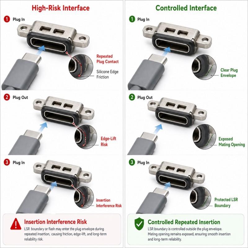 USB Type-C port repeated plugging high risk versus controlled LSR seal design
