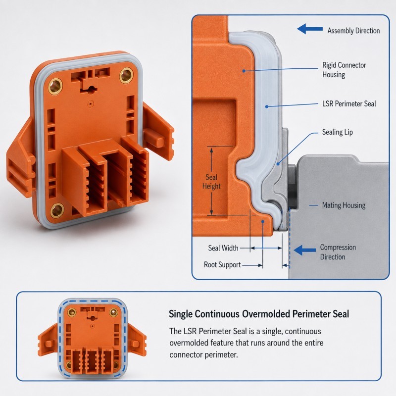 Automotive connector perimeter LSR seal and mating direction