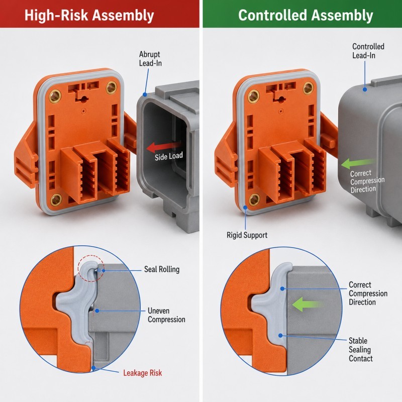 Automotive connector LSR seal rolling risk versus controlled assembly