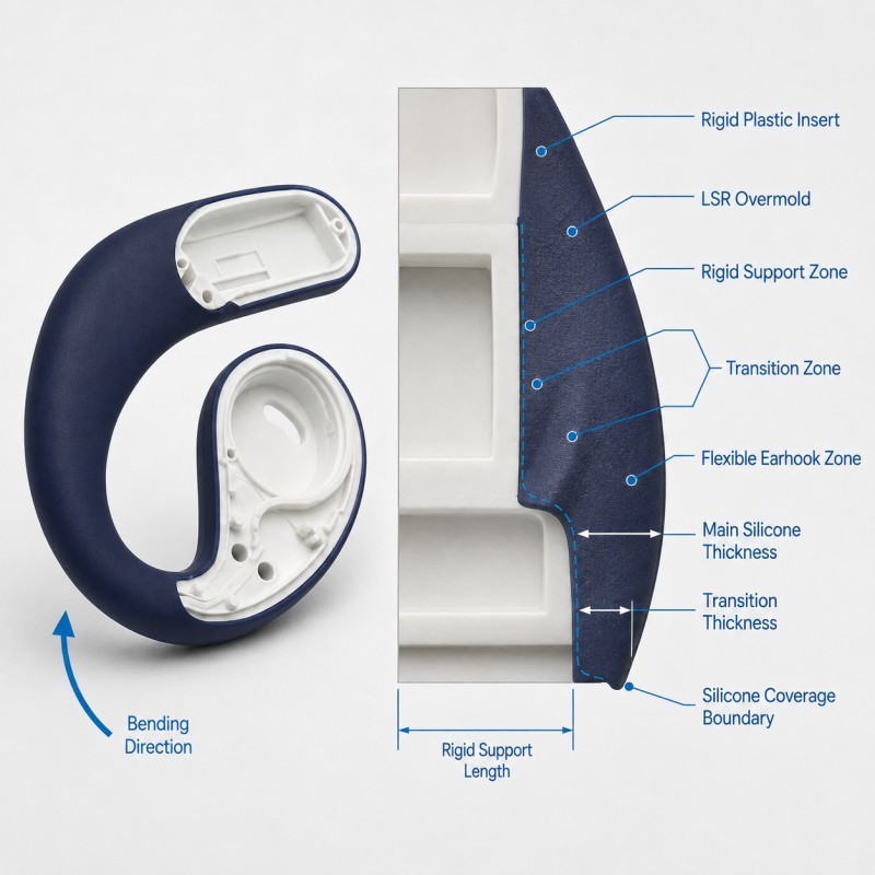 Wireless earhook LSR overmolding rigid-to-soft transition anatomy