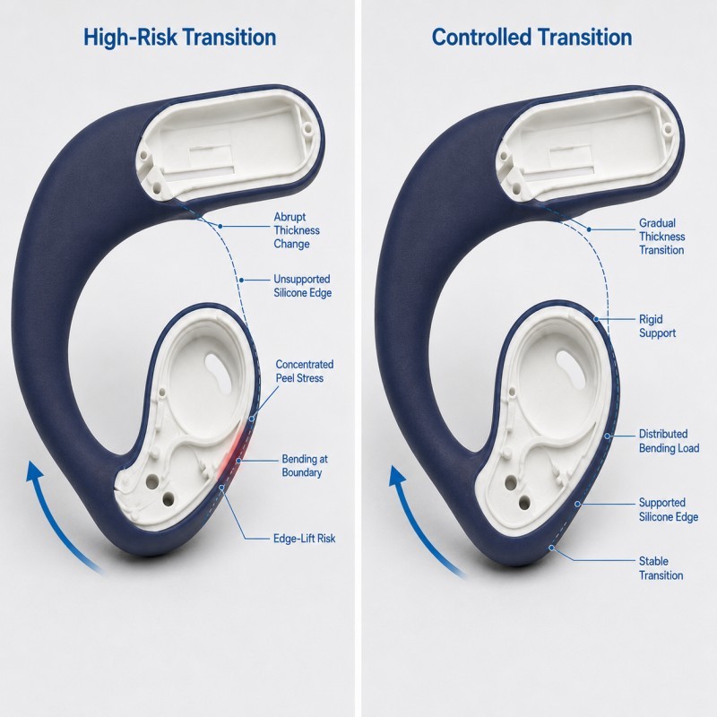 LSR overmolded earhook rigid-to-soft transition risk versus controlled design