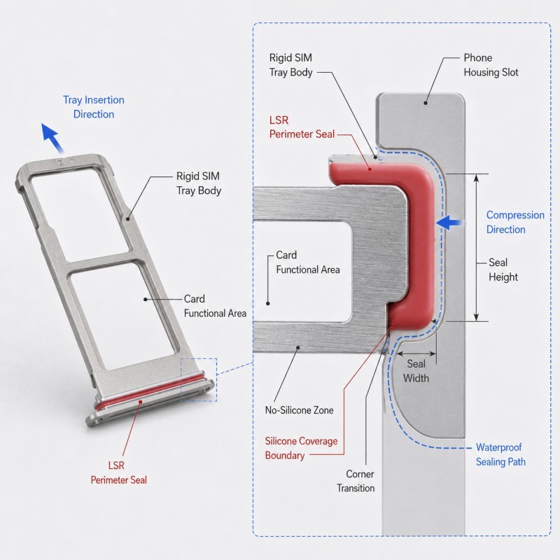 SIM card tray LSR perimeter seal and waterproof compression anatomy