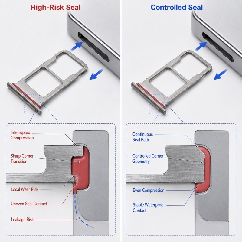 SIM card tray LSR seal high risk versus controlled design