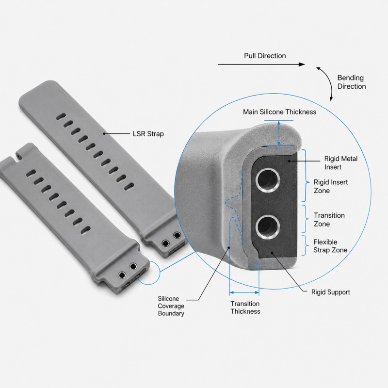 LSR smartwatch strap metal insert overmolding transition anatomy